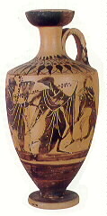 Lekythos attica a figure nere con scena dionisiaca